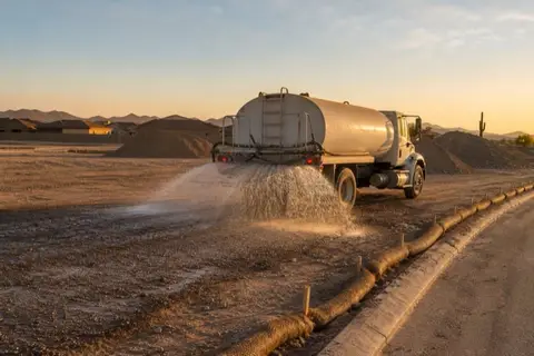 Water truck spraying a dark wet pass across a freshly graded dirt lot at golden hour, half the lot still pale and dry