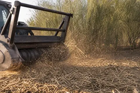 Track machine with a mulching head grinding a mesquite thicket into wood chips on a desert parcel, palo verde trees left standing at the edge