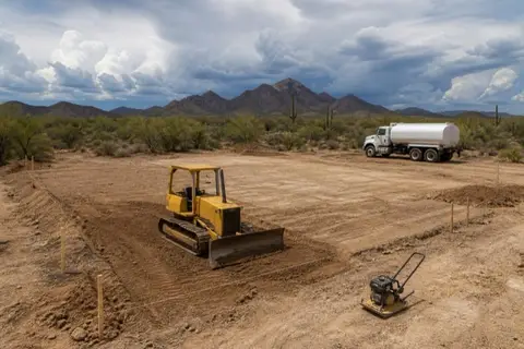 Small dozer cutting a level building pad into caliche-streaked desert ground with grade stakes set and a water truck standing by