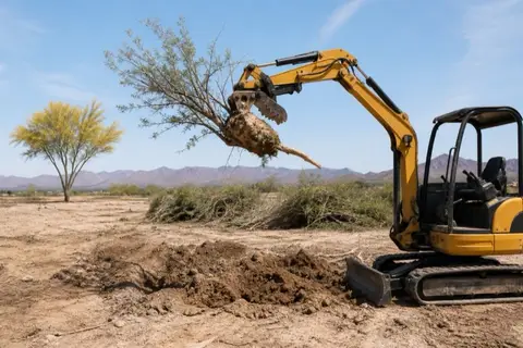 Compact excavator lifting a grubbed mesquite root ball from desert soil while a blooming palo verde stands untouched nearby